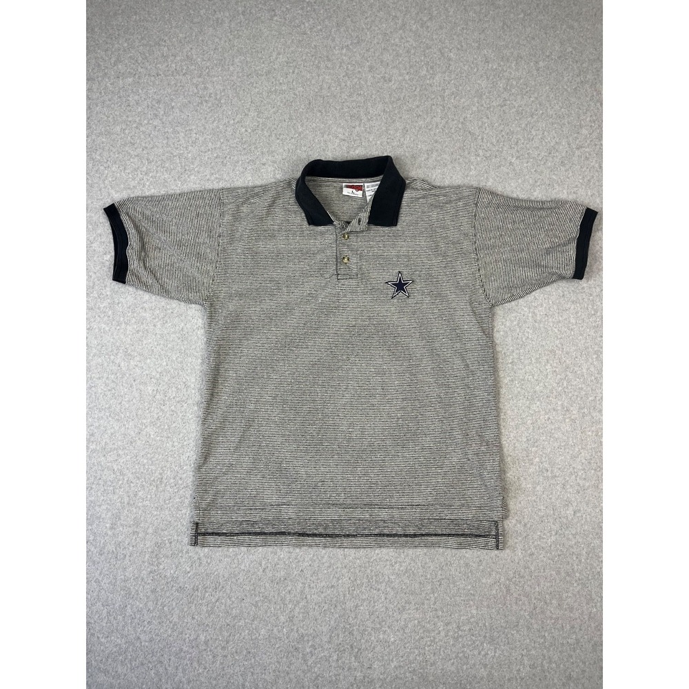 Vintage Dallas Cowboys Polo Shirt Mens L Blue White Stripe 90s Short Sleeve